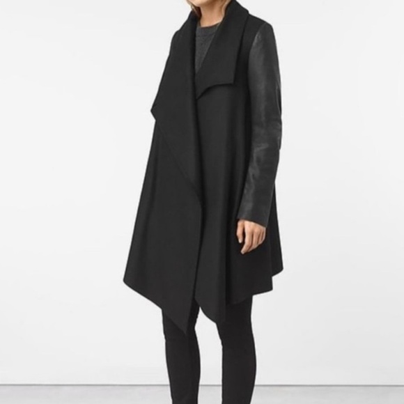 All Saints Hyde Monument Coat Black Wool Coat w/ Leather Sleeves size 2 - Picture 2 of 10